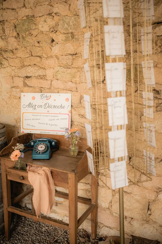 Wall of message cards next to a vintage phone
